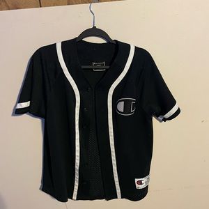 Black and white Champion baseball jersey